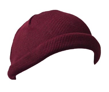 Liman işçisi beyaz arka planda izole edilmiş bordo şapka ördü. Modaya uygun rapçi şapkası. Balıkçı.