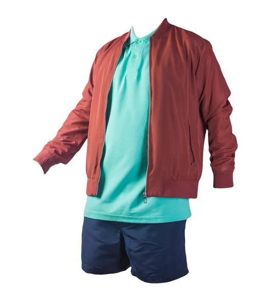 men\'s red bomber jacket,green polo shirt and sports dark blue shorts isolated on white background. fashionable casual wear