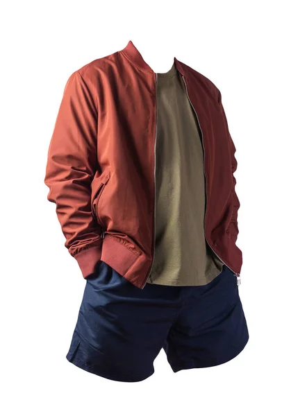 Bomber Uomo Rosso Shirt Oliva Pantaloncini Sportivi Blu Scuro Isolati — Foto Stock