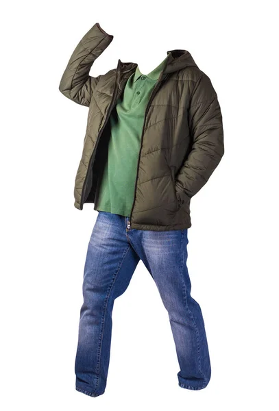 Dunkelgrüne Jacke Mit Reißverschluss Grünes Hemd Und Blaue Jeans Auf — Stockfoto