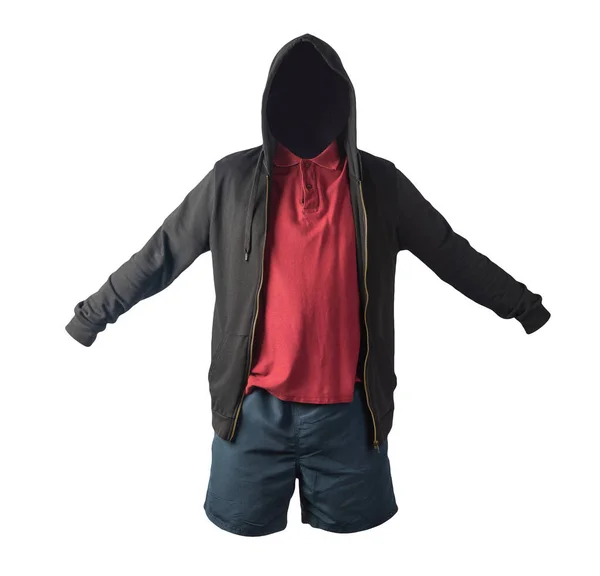 Schwarzes Sweatshirt Mit Eisernem Kapuzenpulli Dunkelrotem Polo Shirt Und Dunkelblauer — Stockfoto