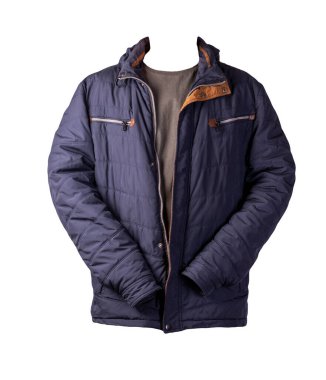 Koyu mavi fermuarlı ceket ve beyaz arka planda izole edilmiş gri tişört. Sıradan stil