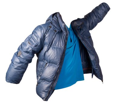 Erkekler mavi tişörtü ve mavi ceketi beyaz arka planda izole edilmiş. Günlük giysiler.