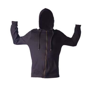 Beyaz arka planda izole edilmiş kapüşonlu demir fermuarlı siyah kazak. Günlük spor kıyafetleri.