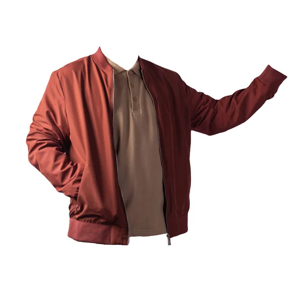 dark red men\'s bomber jacket and ligth brown polo shirt isolated on white background. fashionable casual wear
