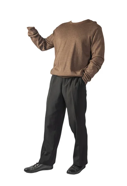 Men Brown Sweater Black Pants Black Leather Shoes Isolated White — Stock Photo, Image