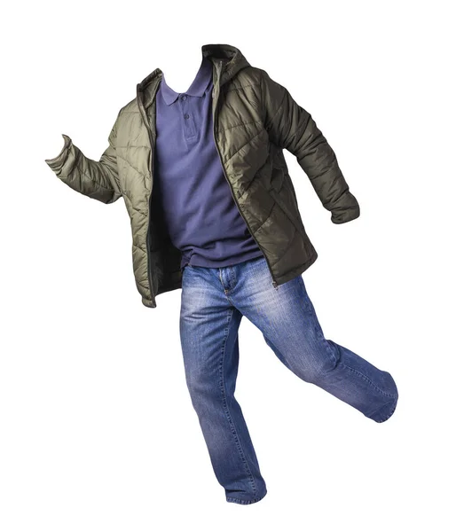 Dunkelgrüne Jacke Mit Reißverschluss Dunkelblaues Hemd Und Blaue Jeans Auf — Stockfoto