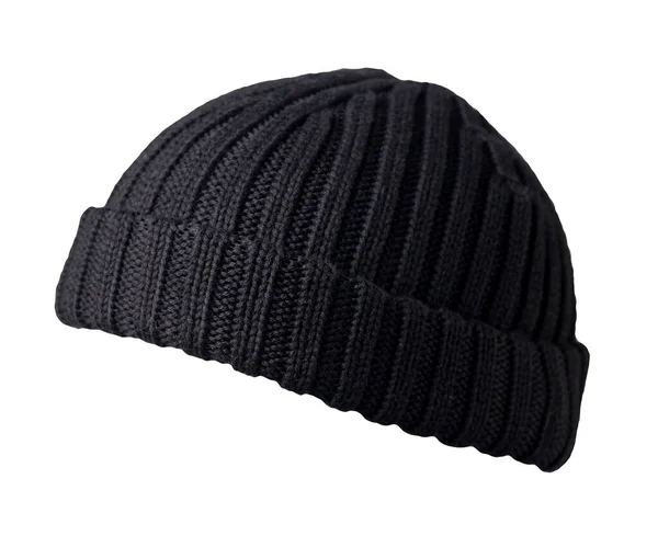 白い背景に隔離された黒い帽子を編んだ ファッショナブルなラッパーの帽子 帽子の漁師 — ストック写真