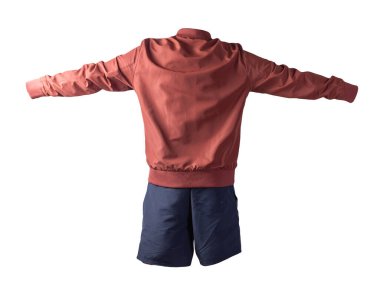 Erkekler kırmızı bombacı ceketi ve koyu mavi spor şortu beyaz arka planda izole edilmiş. modaya uygun günlük kıyafetler.