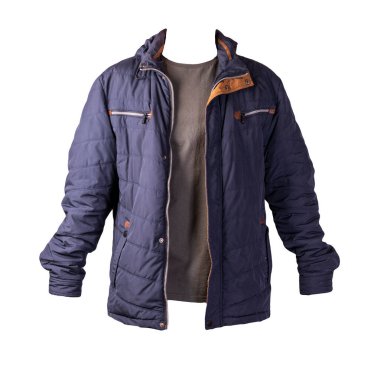 Koyu mavi fermuarlı ceket ve beyaz arka planda izole edilmiş gri tişört. Sıradan stil