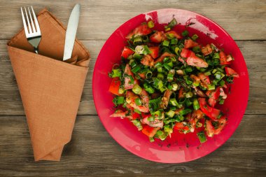 Çatal ve bıçaklı vejetaryen yemeği. Domates, soğan, kırmızı tabakta rezene kahverengi ahşap arka planda. sağlıklı yiyecekler