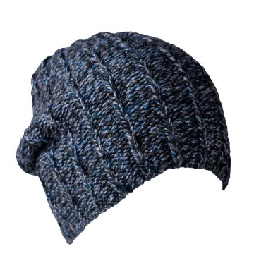 Beyaz bir arka planda siyah örülmüş şapka. Sıradan bir tarz için moda şapka aksesuarı.