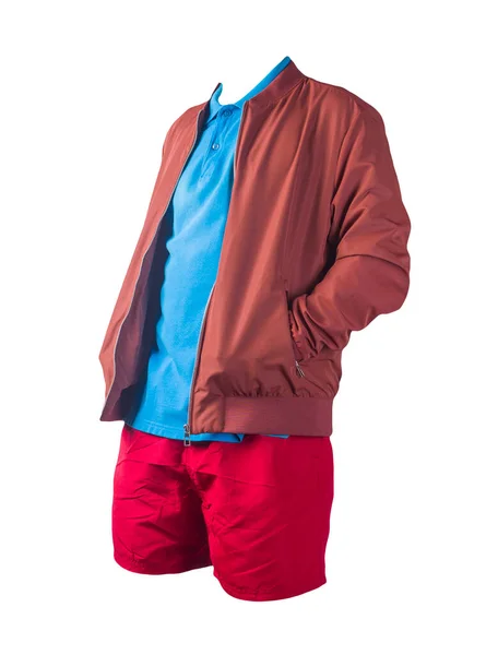 Męska Czerwona Kurtka Bombowa Niebieska Koszulka Polo Czerwone Spodenki Sportowe — Zdjęcie stockowe