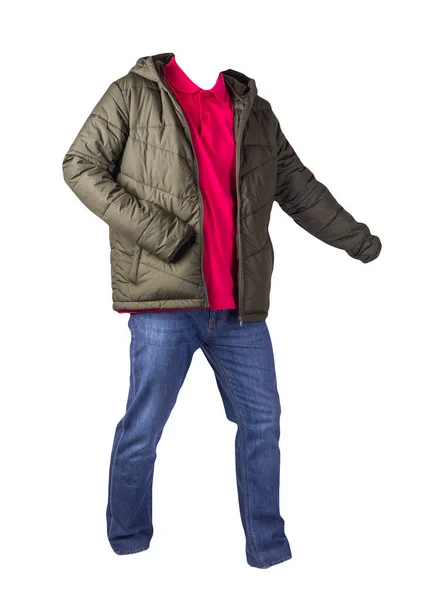 Giacca Verde Con Cerniera Camicia Rossa Jeans Blu Isolati Sfondo — Foto Stock