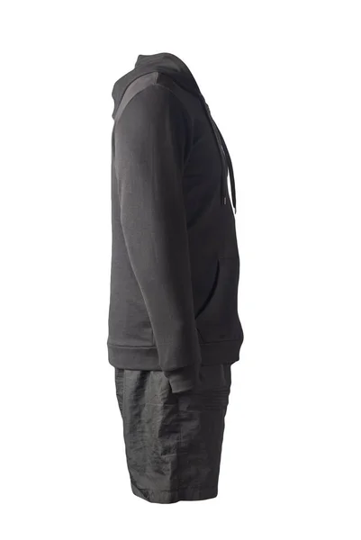 フード付きの鉄ジッパーと白い背景に隔離された黒のスウェットシャツ カジュアルスポーツウェア — ストック写真