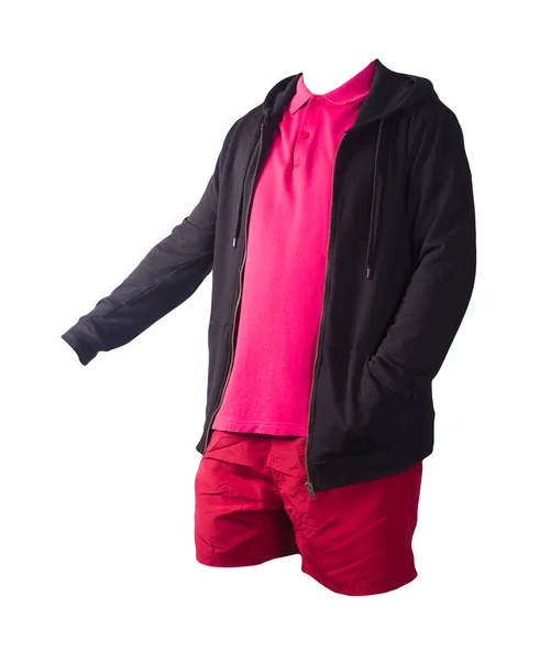 Czarna Bluza Żelaznym Zamkiem Błyskawicznym Czerwona Koszulka Polo Czerwone Spodenki — Zdjęcie stockowe