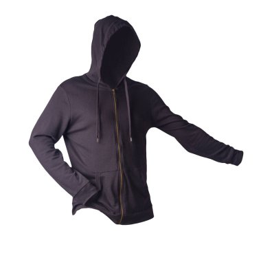 Beyaz arka planda izole edilmiş kapüşonlu demir fermuarlı siyah kazak. Günlük spor kıyafetleri.