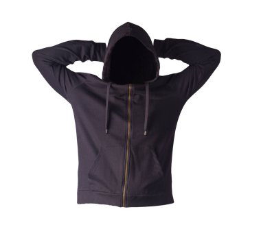 Beyaz arka planda izole edilmiş kapüşonlu demir fermuarlı siyah kazak. Günlük spor kıyafetleri.