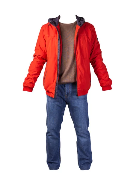 Oranje Jasje Met Rits Bruine Trui Blauwe Jeans Geïsoleerd Witte — Stockfoto