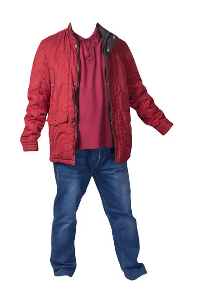Giacca Rossa Camicia Rosso Scuro Jeans Blu Isolati Sfondo Bianco — Foto Stock