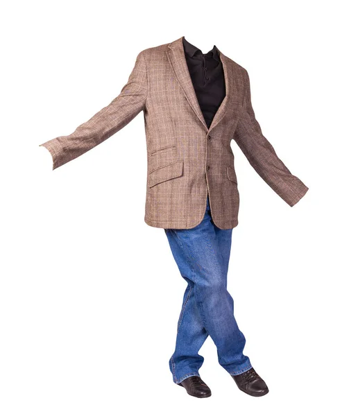 남성의 가벼운 남성의 청바지 가죽검은 스웨터 배경에 분리되어 — 스톡 사진
