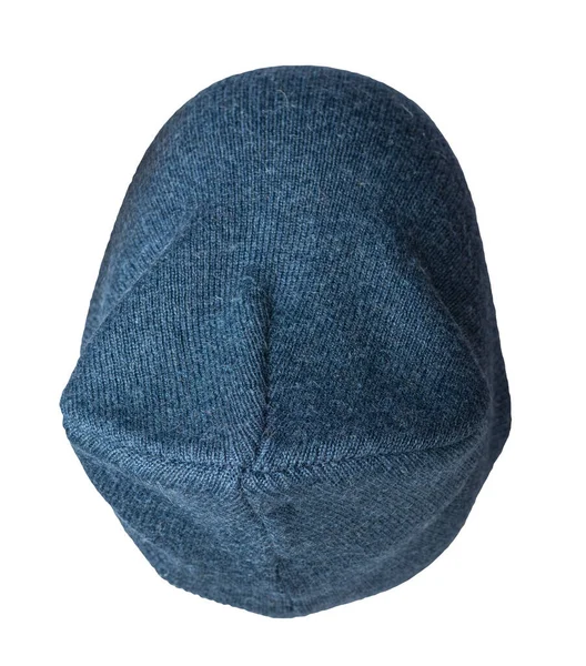 女式蓝帽的顶视图 白色背景下孤立的针织帽子 — 图库照片