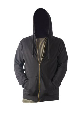 Siyah kazaklı, kapüşonlu demir fermuarlı ve beyaz arka planda izole edilmiş zeytin tişörtlü. Sportif tarzda.