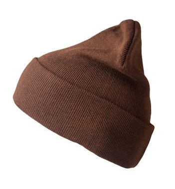 Örülmüş kahverengi şapka, beyaz bir arka planda izole edilmiş. Sıradan bir tarz için moda şapka aksesuarı.