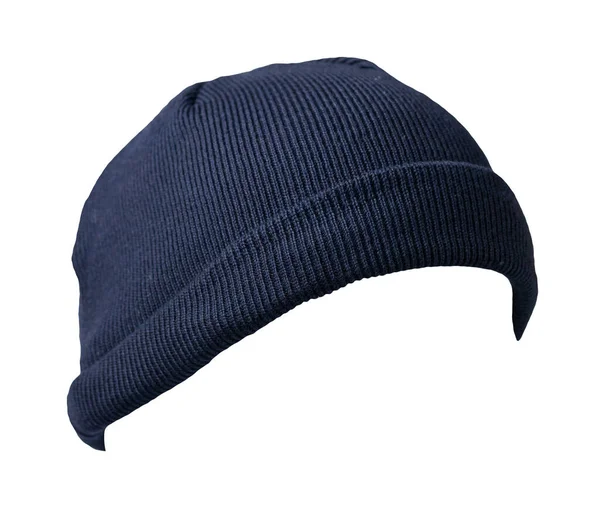 Docker Cappello Blu Scuro Lavorato Maglia Isolato Sfondo Bianco Cappello — Foto Stock