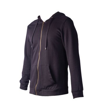 Beyaz arka planda izole edilmiş kapüşonlu demir fermuarlı siyah kazak. Günlük spor kıyafetleri.