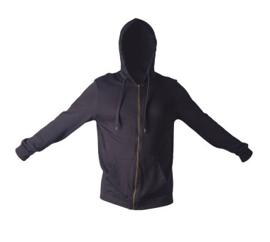 Beyaz arka planda izole edilmiş kapüşonlu demir fermuarlı siyah kazak. Günlük spor kıyafetleri.