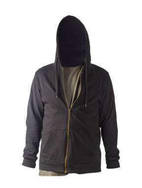 Siyah kazaklı, kapüşonlu demir fermuarlı ve beyaz arka planda izole edilmiş zeytin tişörtlü. Sportif tarzda.