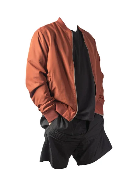 mens red bomber jacket,black t-shirt and black sports shorts isolated on white background. fashionable casual wear