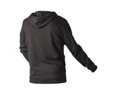 Beyaz arka planda izole edilmiş kapüşonlu demir fermuarlı siyah kazak. Günlük spor kıyafetleri.