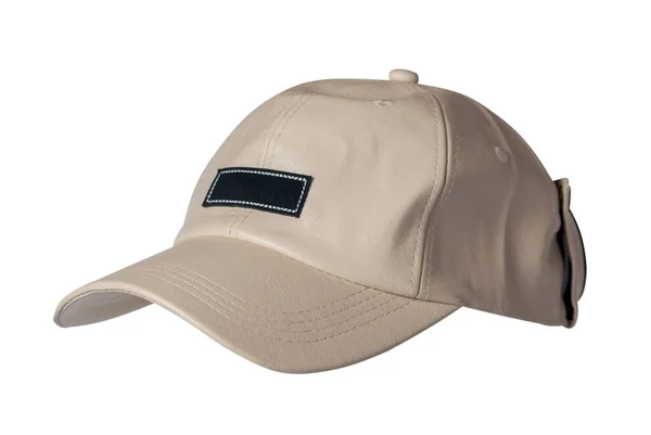 Beyaz Arka Planda Gözlüklü Deri Şapkalı Bej Bir Beysbol Şapkası — Stok fotoğraf