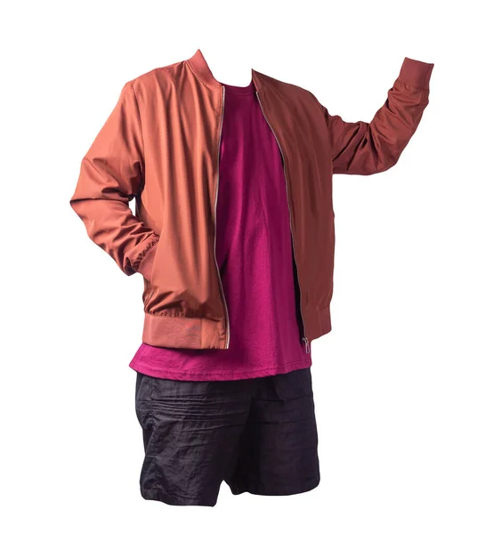 mens red bomber jacket,burgundy t-shirt and sports black shorts isolated on white background. fashionable casual wear