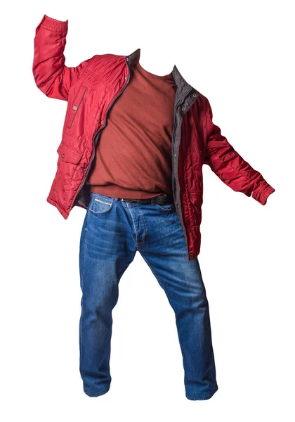 Röd Jacka Med Dragkedja Röd Tröja Och Blå Jeans Isolerad — Stockfoto