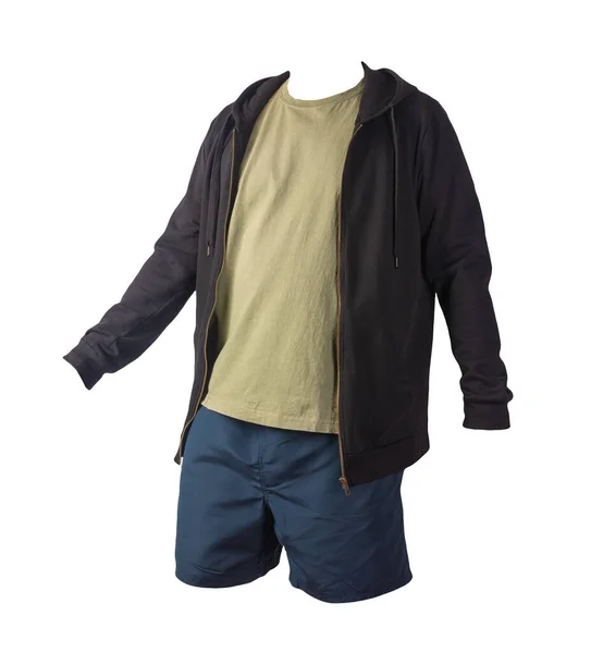 Camisola Preta Com Capuz Zíper Ferro Camiseta Azeitona Calções Esportivos — Fotografia de Stock