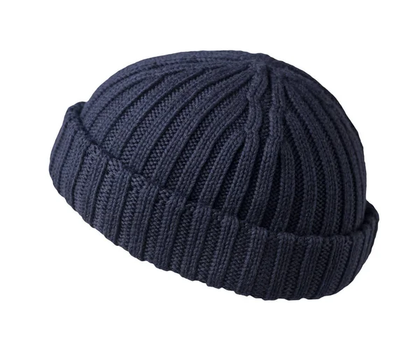 Docker Πλεκτό Σκούρο Μπλε Καπέλο Απομονώνονται Λευκό Φόντο Μοντέρνο Καπέλο — Φωτογραφία Αρχείου