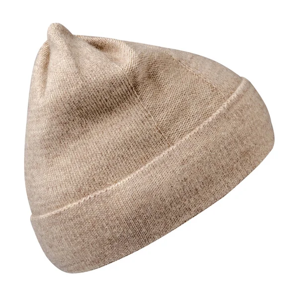 Kadın Bej Şapkası Örgü Şapka Beyaz Arkaplanda Izole — Stok fotoğraf
