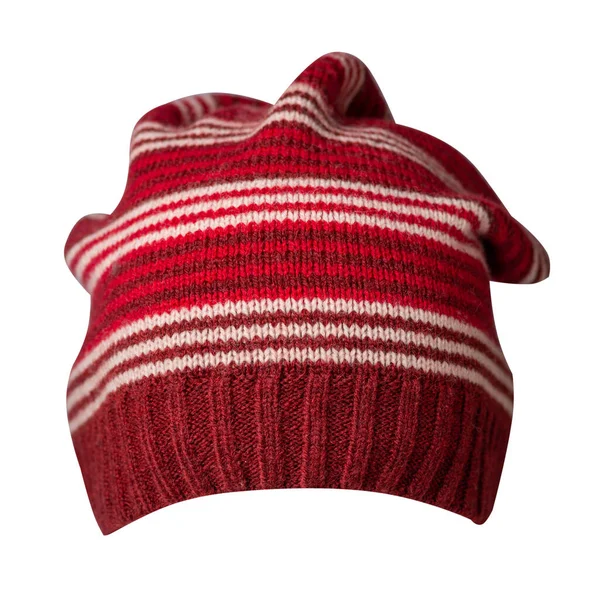 Kvinnors Röda Vita Hatt Stickad Hatt Isolerad Vit Bakgrund — Stockfoto