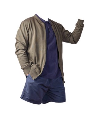 Koyu yeşil bombacı ceketi, koyu mavi gömleği ve beyaz arka planda koyu mavi spor şortu. modaya uygun günlük kıyafetler.