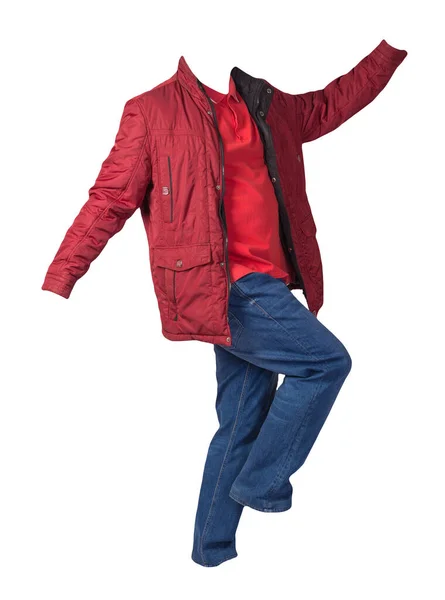Röd Jacka Orange Skjorta Och Blå Jeans Isolerad Vit Bakgrund — Stockfoto