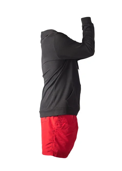 黑色运动衫 带有铁拉链 红色运动短裤 白色背景 休闲运动服 — 图库照片