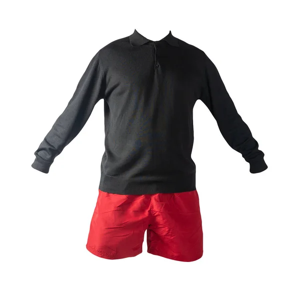 Camisola Preta Malha Shorts Vermelhos Isolados Fundo Branco Roupas Moda — Fotografia de Stock