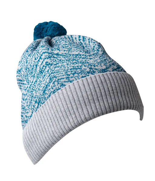 Sombrero Punto Azul Gris Aislado Blanco Background Hat Con Pompón — Foto de Stock