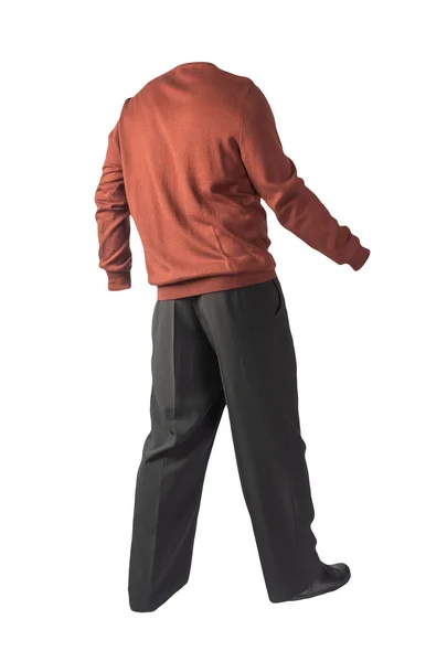 Męski Burgundowy Sweter Czarne Spodnie Czarne Skórzane Buty Odizolowane Białym — Zdjęcie stockowe