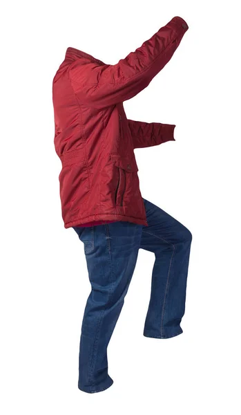Jaqueta Vermelha Camisa Carmesim Jeans Azul Isolado Fundo Branco Roupas — Fotografia de Stock