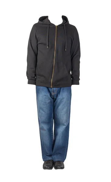 Blaue Jeans Schwarzes Sweatshirt Mit Kapuze Und Schwarze Lederschuhe Auf — Stockfoto