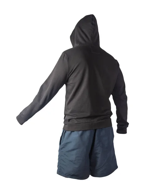 Camisola Preta Com Zíper Ferro Com Capuz Calções Esportivos Azuis — Fotografia de Stock